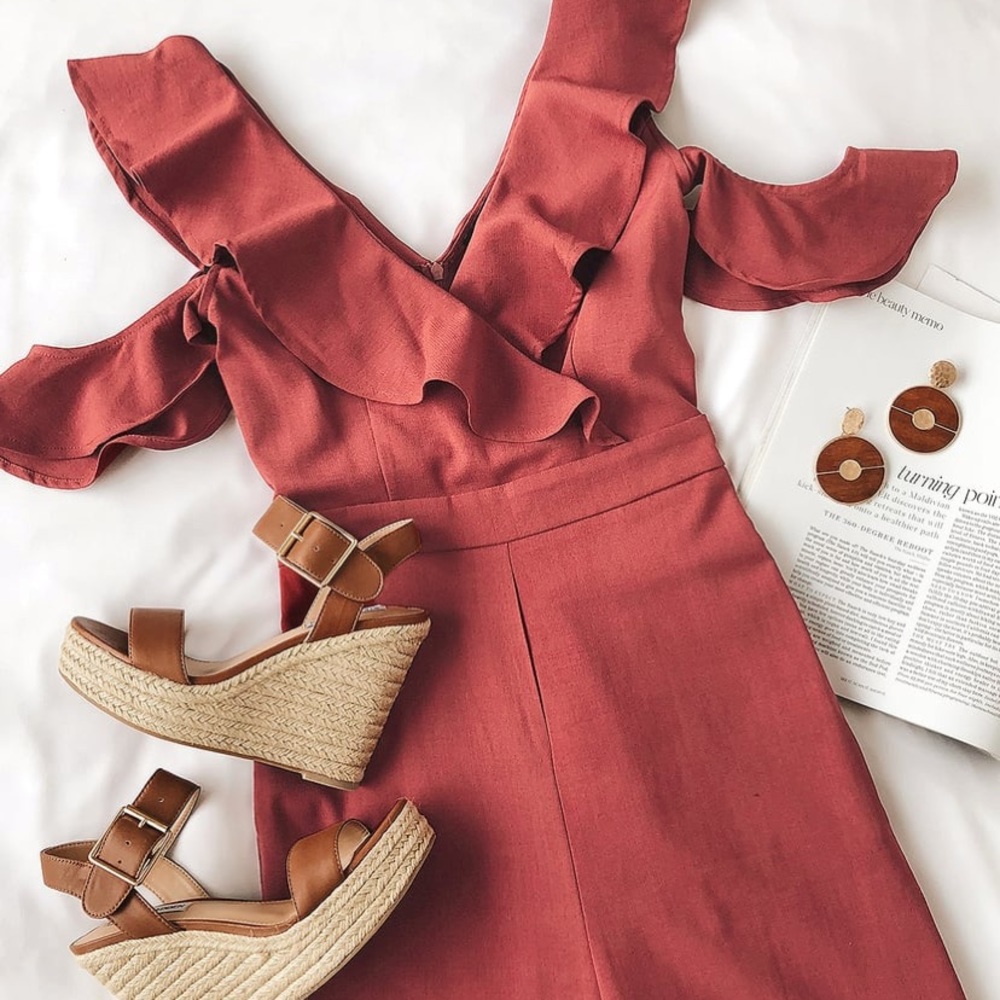Red Ruffled Wide-Leg Off-Shoulder Jumpsuit - Picture 3 of 8